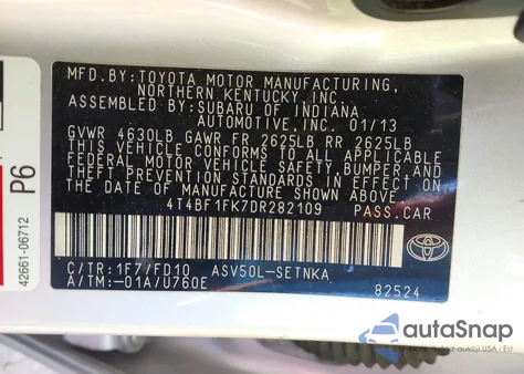 2013 Toyota Camry Le из США, поврежденный, VIN 4T4BF1FK7DR282109